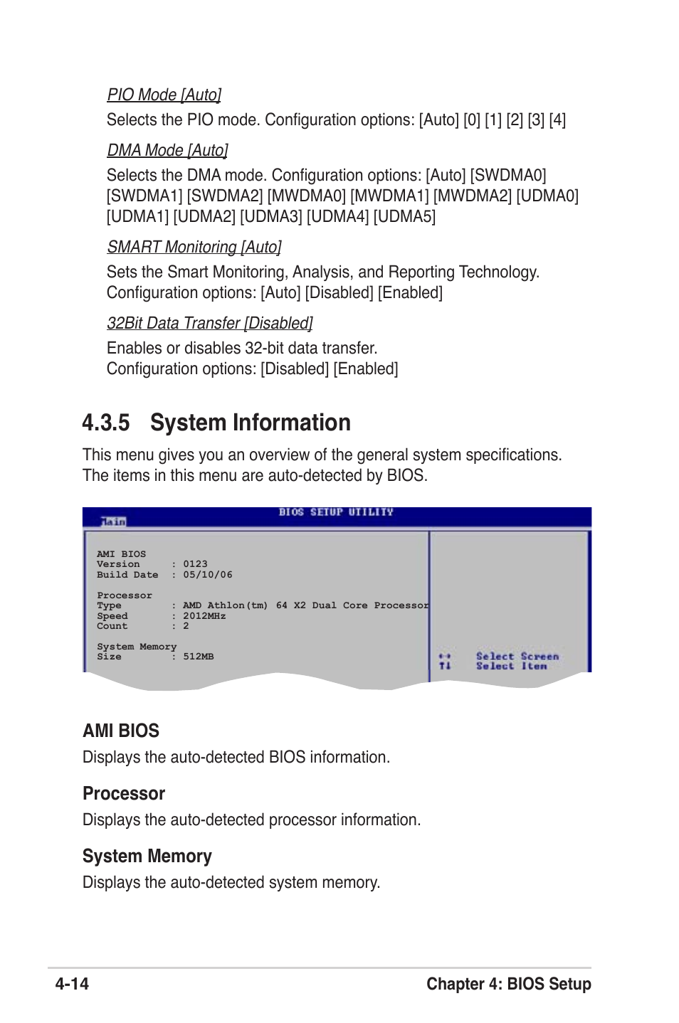 5 system information, Ami bios, Processor | Asus M2V User Manual | Page 72 / 118