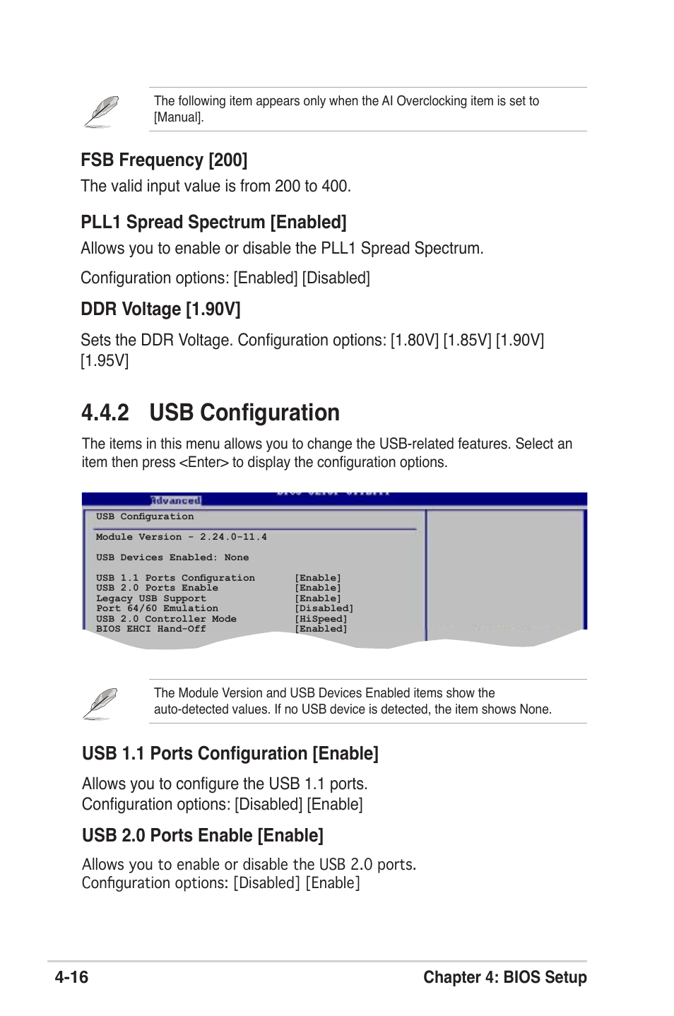 2 usb configuration, Fsb frequency [200, Pll1 spread spectrum [enabled | Ddr voltage [1.90v, Usb 1.1 ports configuration [enable, Usb 2.0 ports enable [enable, 16 chapter 4: bios setup | Asus M2V User Manual | Page 74 / 118