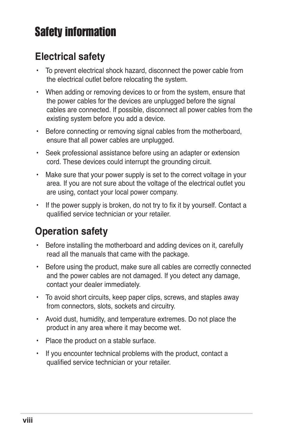 Safety information, Electrical safety, Operation safety | Asus M2V User Manual | Page 8 / 118