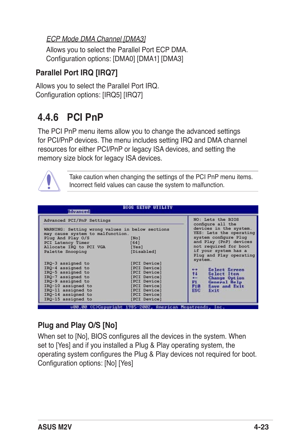 6 pci pnp, Plug and play o/s [no, Parallel port irq [irq7 | Asus m2v 4-23 | Asus M2V User Manual | Page 81 / 118