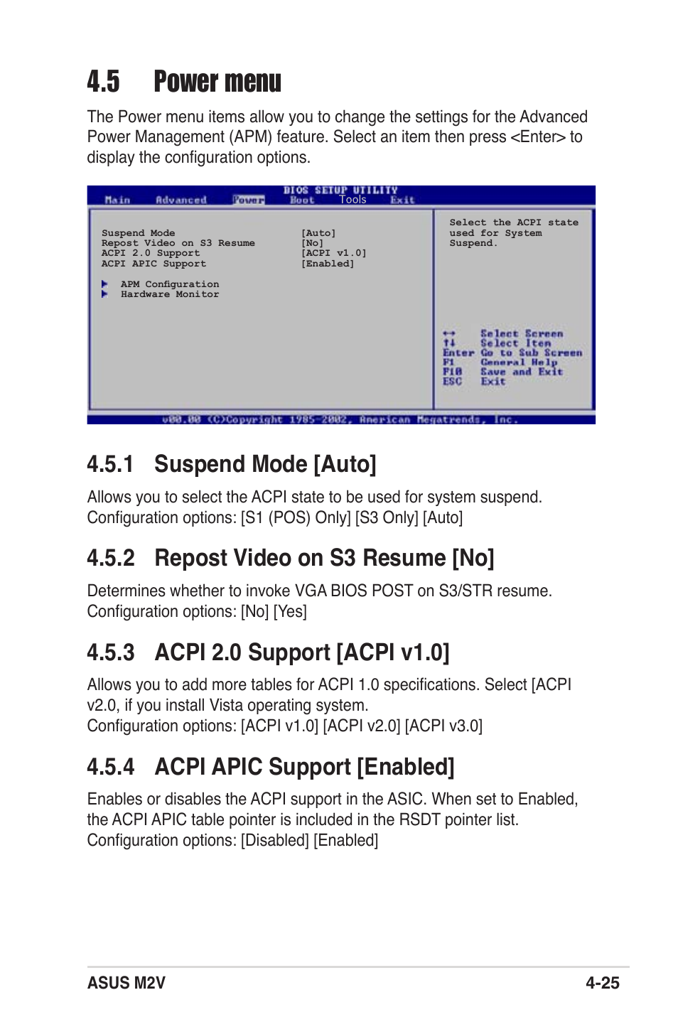 5 power menu, 1 suspend mode [auto, 2 repost video on s3 resume [no | 4 acpi apic support [enabled | Asus M2V User Manual | Page 83 / 118
