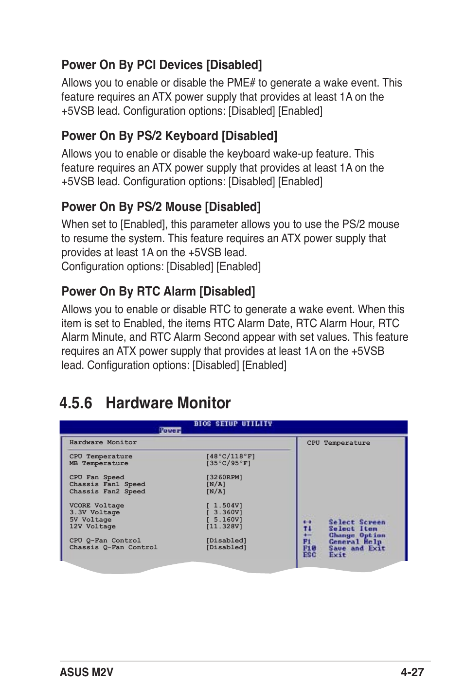 6 hardware monitor, Power on by pci devices [disabled, Power on by ps/2 keyboard [disabled | Power on by ps/2 mouse [disabled, Power on by rtc alarm [disabled, Asus m2v 4-27 | Asus M2V User Manual | Page 85 / 118