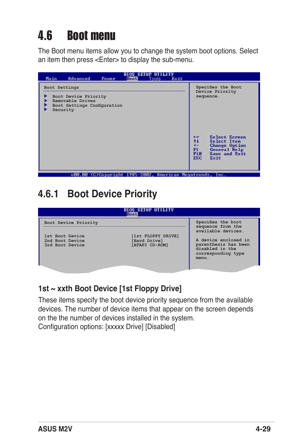 6 boot menu, 1 boot device priority, 1st ~ xxth boot device [1st floppy drive | Asus m2v 4-29 | Asus M2V User Manual | Page 87 / 118