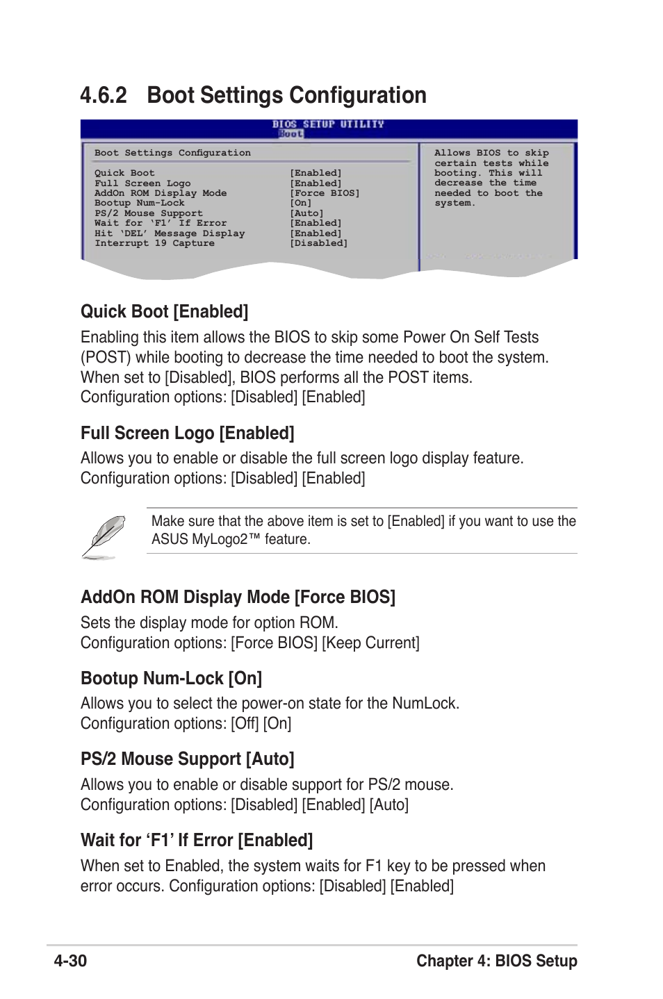 2 boot settings configuration, Quick boot [enabled, Full screen logo [enabled | Addon rom display mode [force bios, Bootup num-lock [on, Ps/2 mouse support [auto, Wait for ‘f1’ if error [enabled, 30 chapter 4: bios setup | Asus M2V User Manual | Page 88 / 118