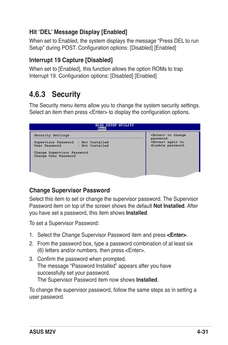 3 security, Hit ‘del’ message display [enabled, Interrupt 19 capture [disabled | Change supervisor password | Asus M2V User Manual | Page 89 / 118