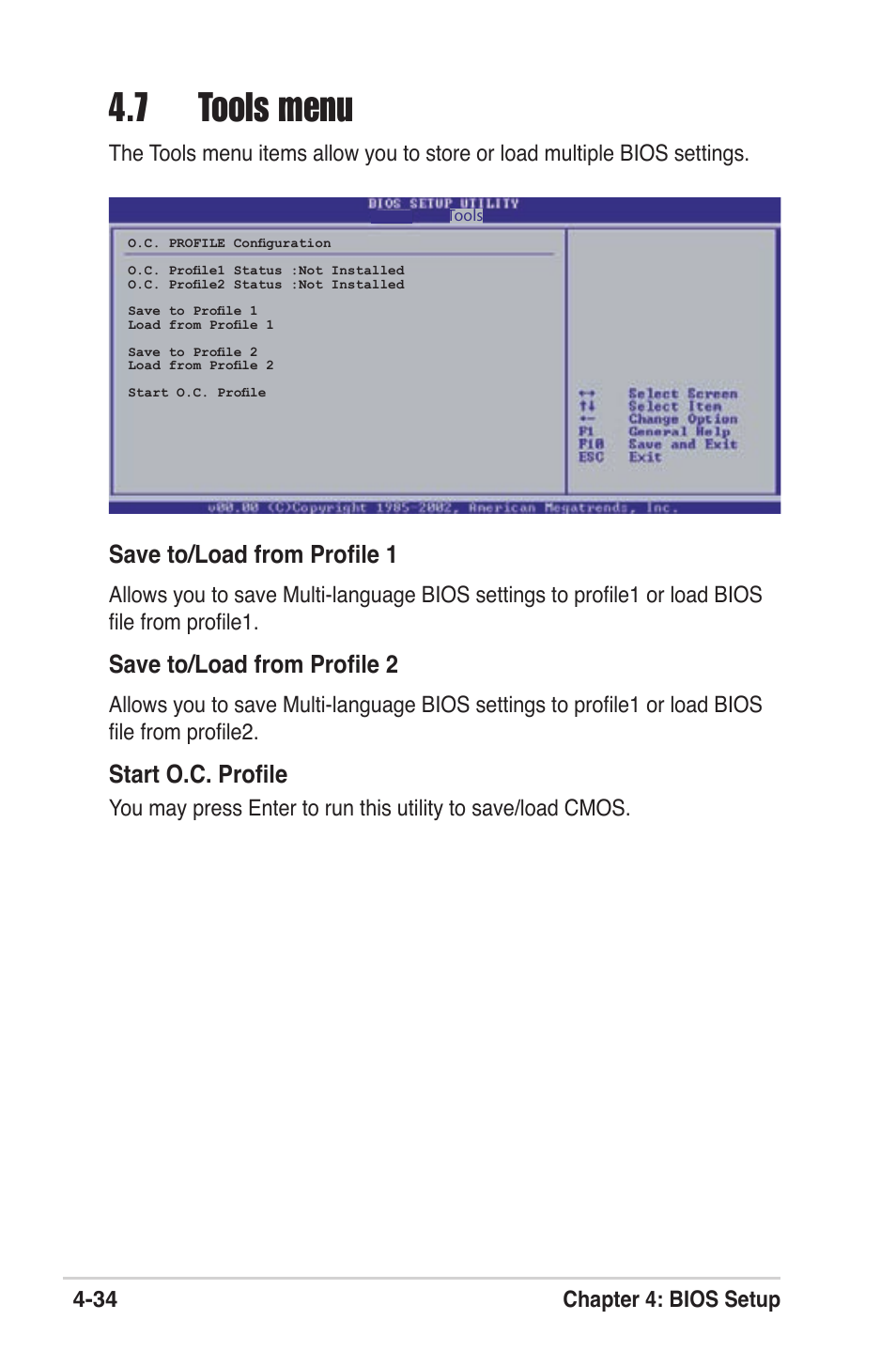 7 tools menu, Save to/load from profile 1, Save to/load from profile 2 | Start o.c. profile, 34 chapter 4: bios setup | Asus M2V User Manual | Page 92 / 118