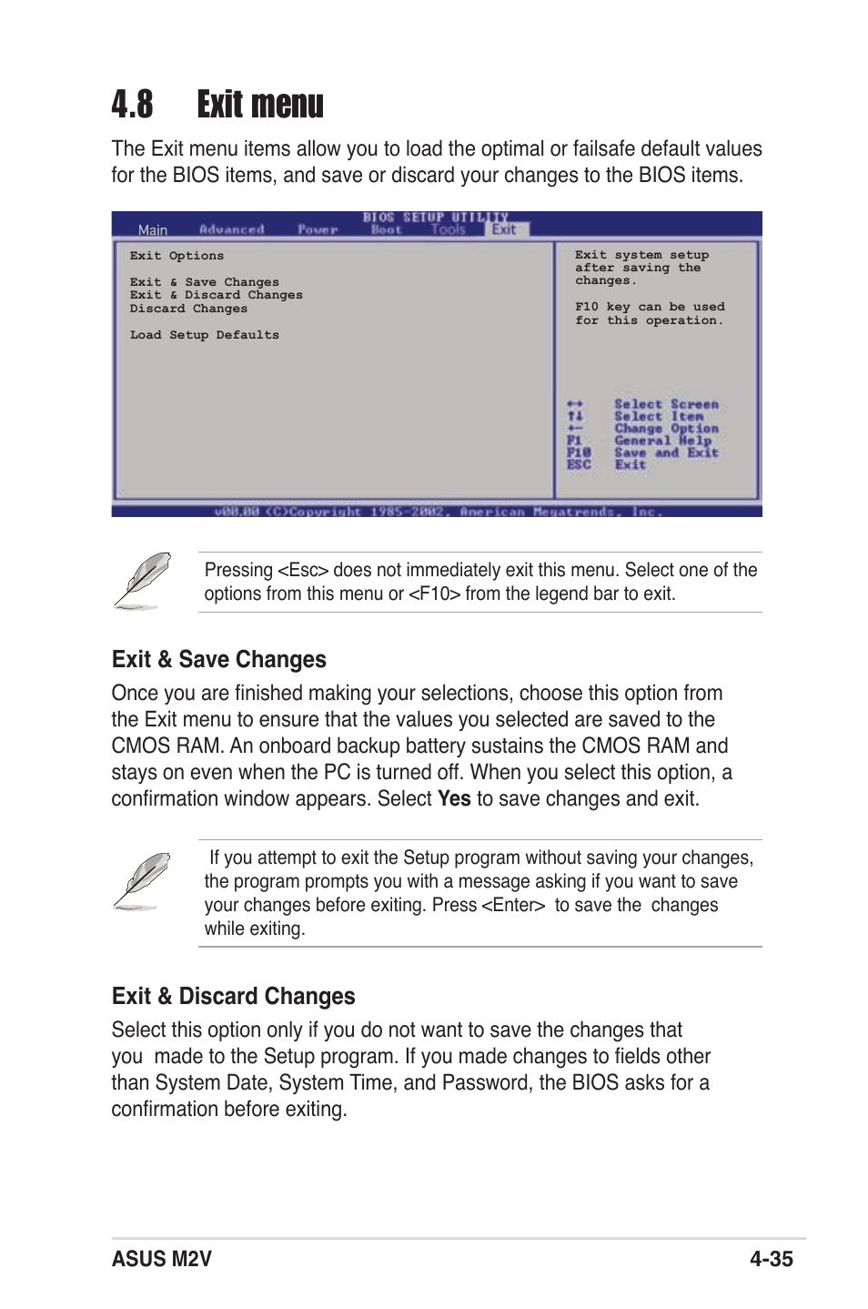 8 exit menu, Exit & save changes, Exit & discard changes | Asus m2v 4-35 | Asus M2V User Manual | Page 93 / 118