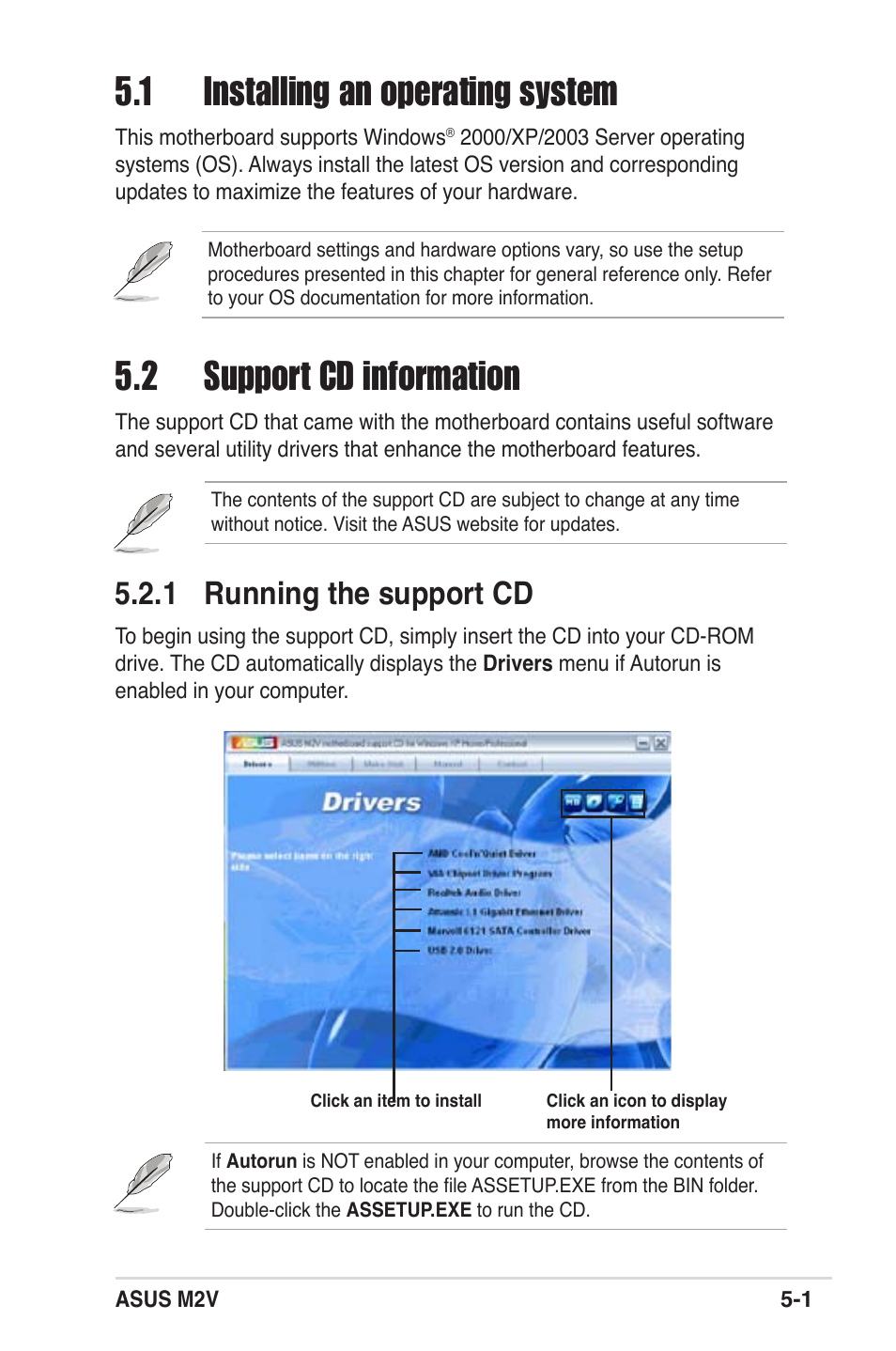 1 installing an operating system, 2 support cd information, 1 running the support cd | Asus M2V User Manual | Page 97 / 118