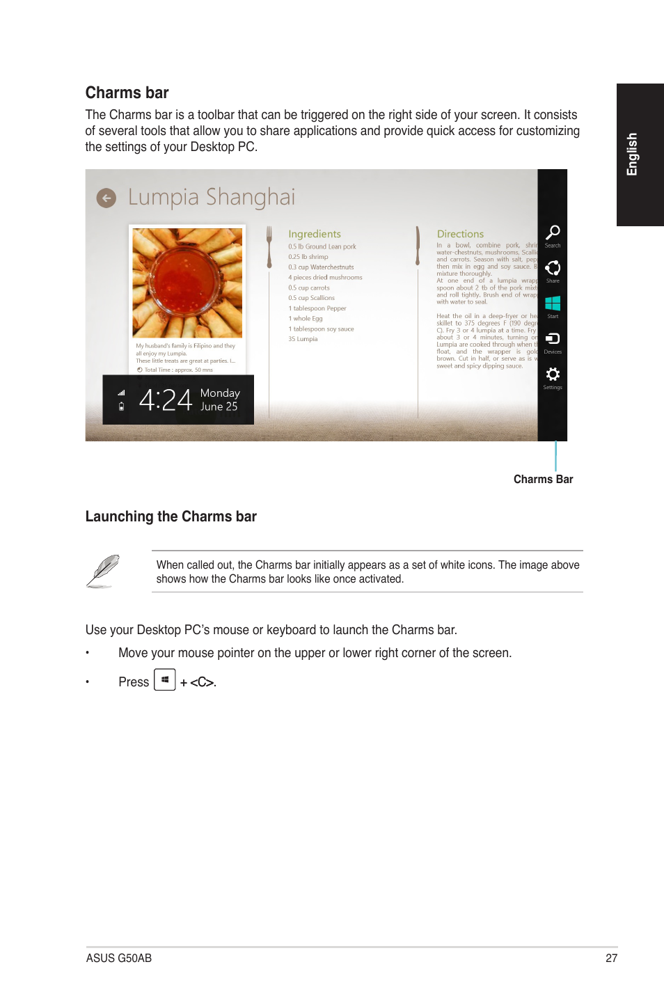 Charms bar | Asus G50AB User Manual | Page 27 / 83