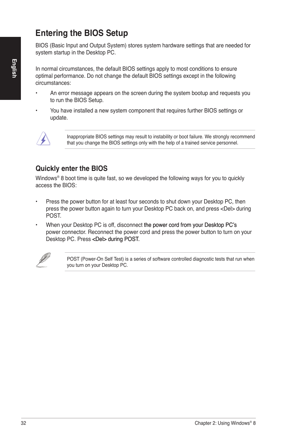 Entering the bios setup, Quickly enter the bios | Asus G50AB User Manual | Page 32 / 83