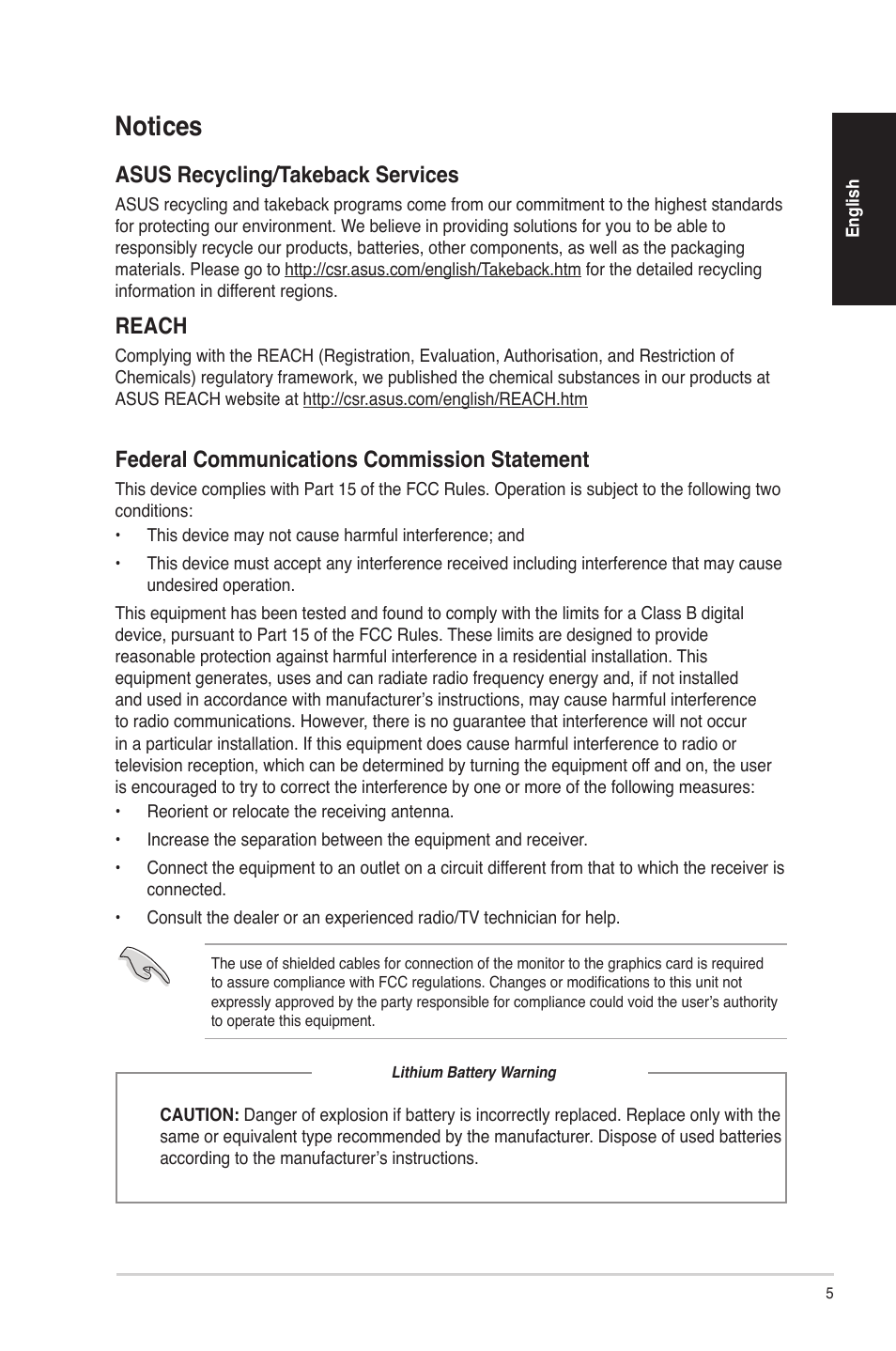 Notices, Asus recycling/takeback services, Reach | Federal communications commission statement | Asus G50AB User Manual | Page 5 / 83