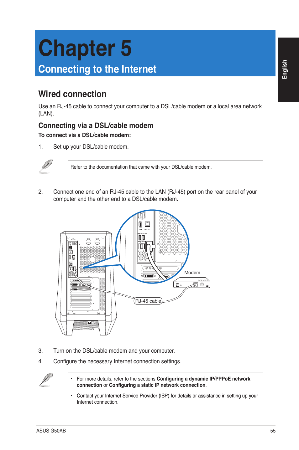 Chapter 5, Connecting to the internet, Wired connection | Asus G50AB User Manual | Page 55 / 83