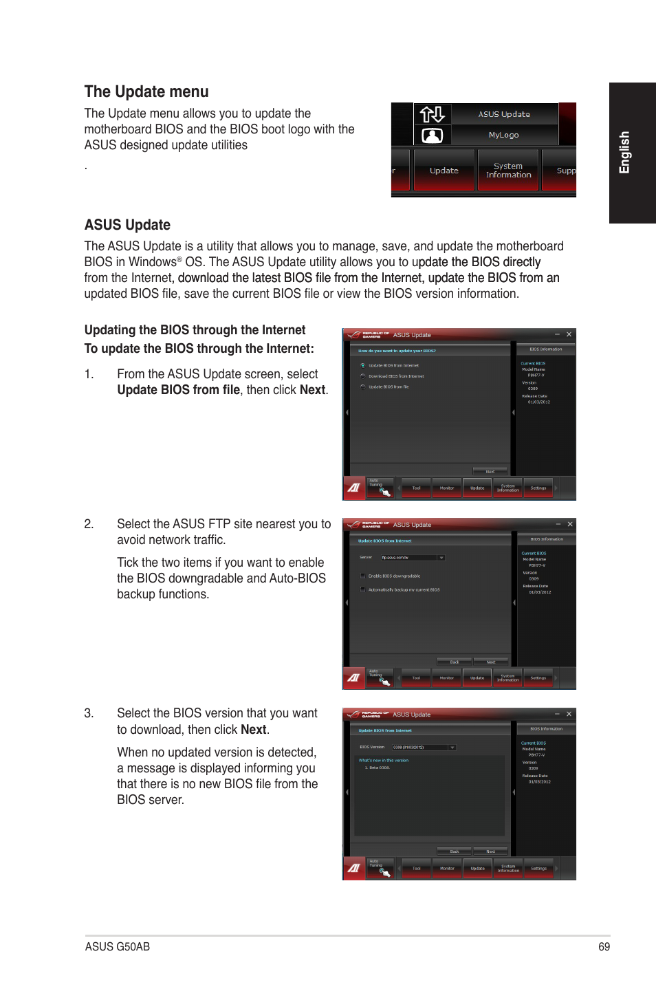 The update menu | Asus G50AB User Manual | Page 69 / 83