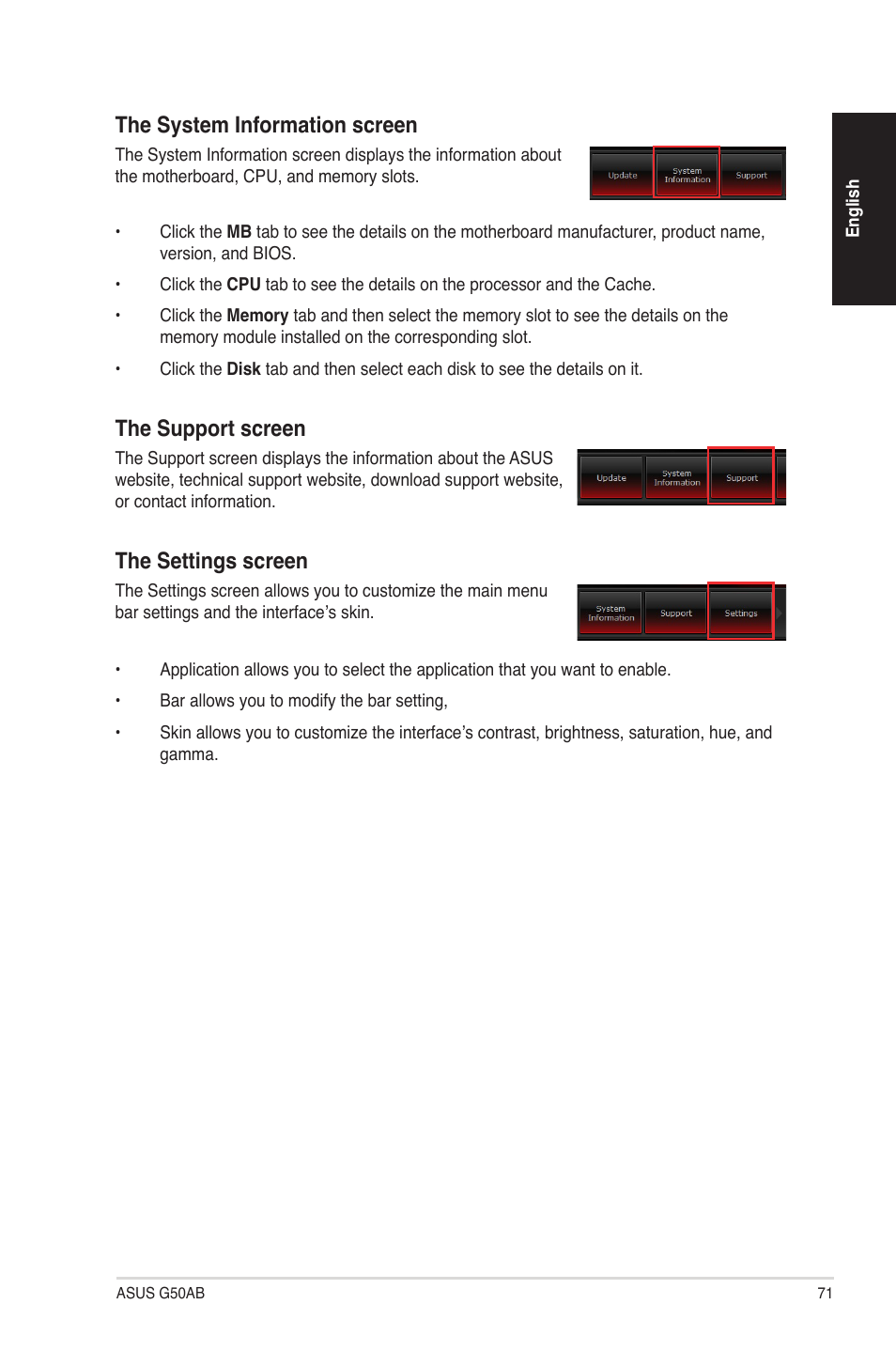 The system information screen, The settings screen, The support screen | Asus G50AB User Manual | Page 71 / 83