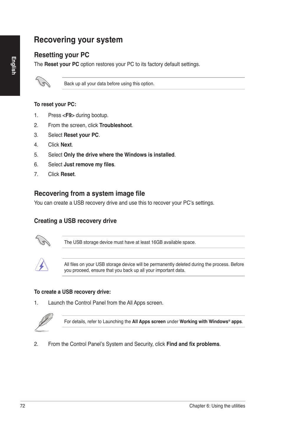 Recovering your system, Resetting your pc, Recovering from a system image file | Asus G50AB User Manual | Page 72 / 83