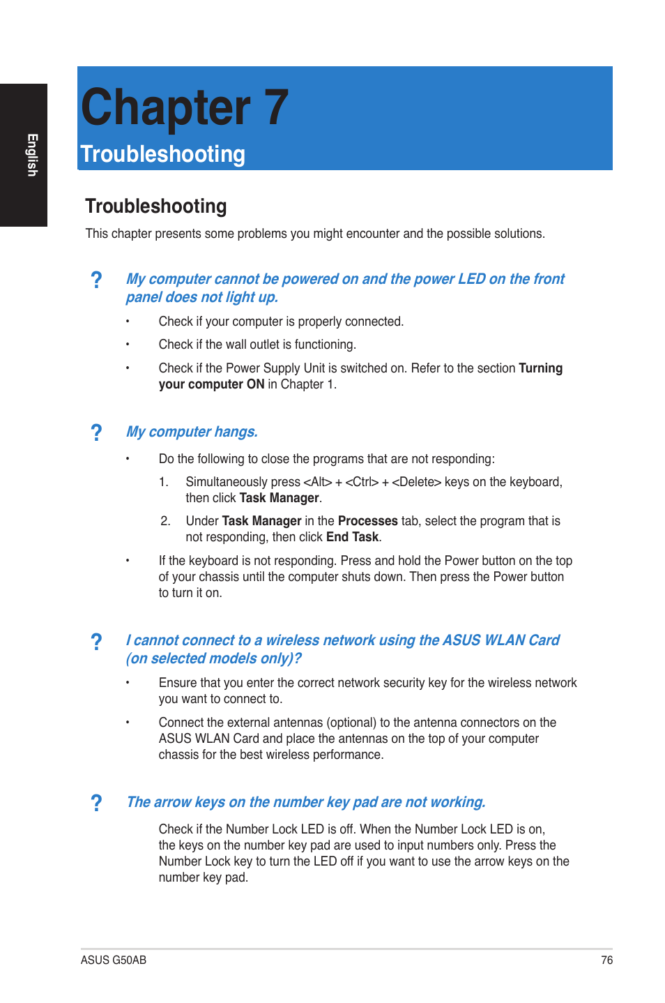 Chapter 7, Troubleshooting | Asus G50AB User Manual | Page 76 / 83