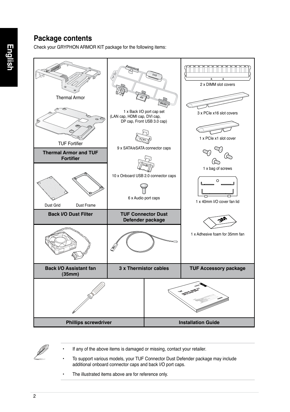 English, Package.contents | Asus GRYPHON ARMOR KIT User Manual | Page 2 / 21