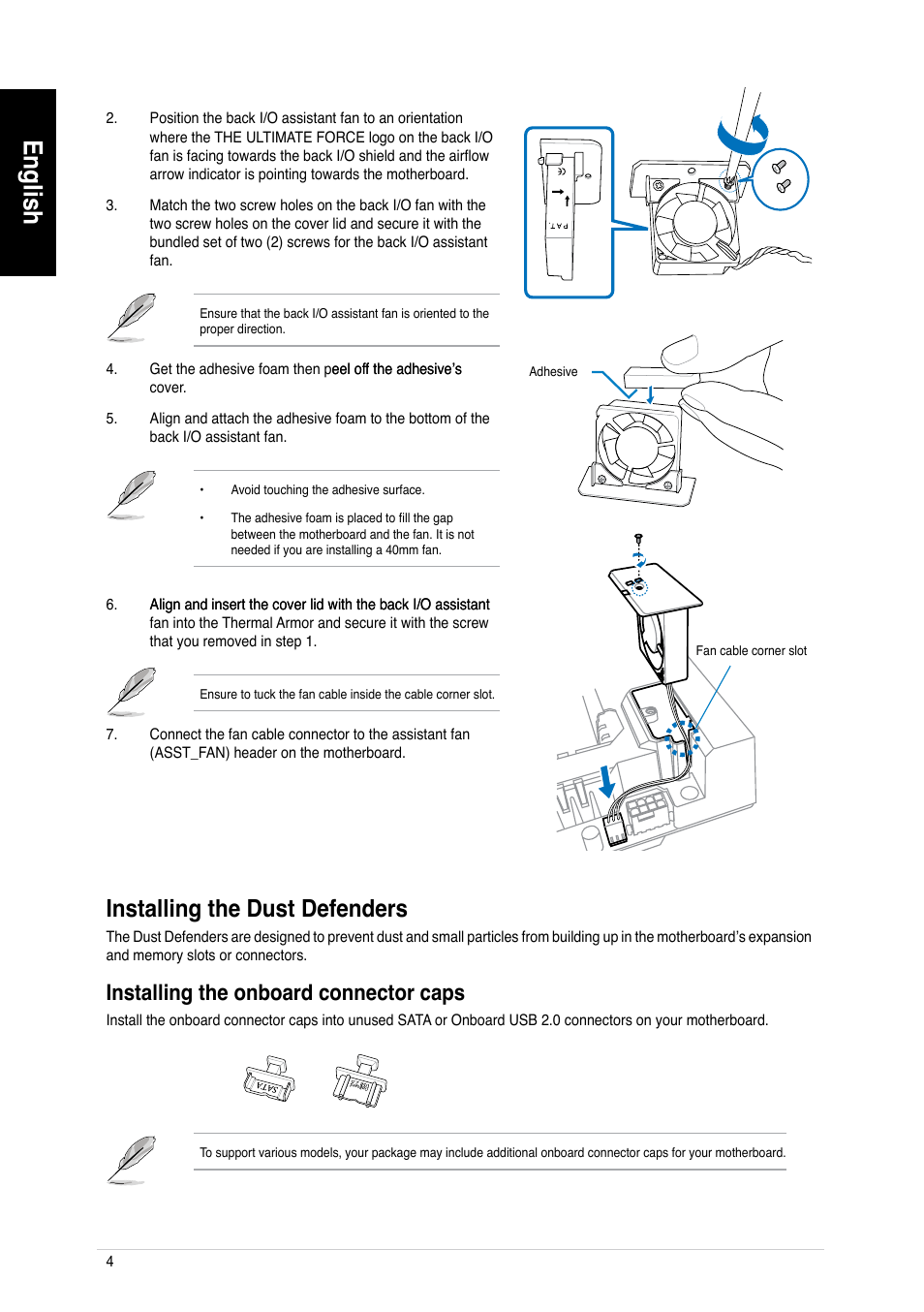 English, Installing.the.dust.defenders, Installing.the.onboard.connector.caps | Asus GRYPHON ARMOR KIT User Manual | Page 4 / 21