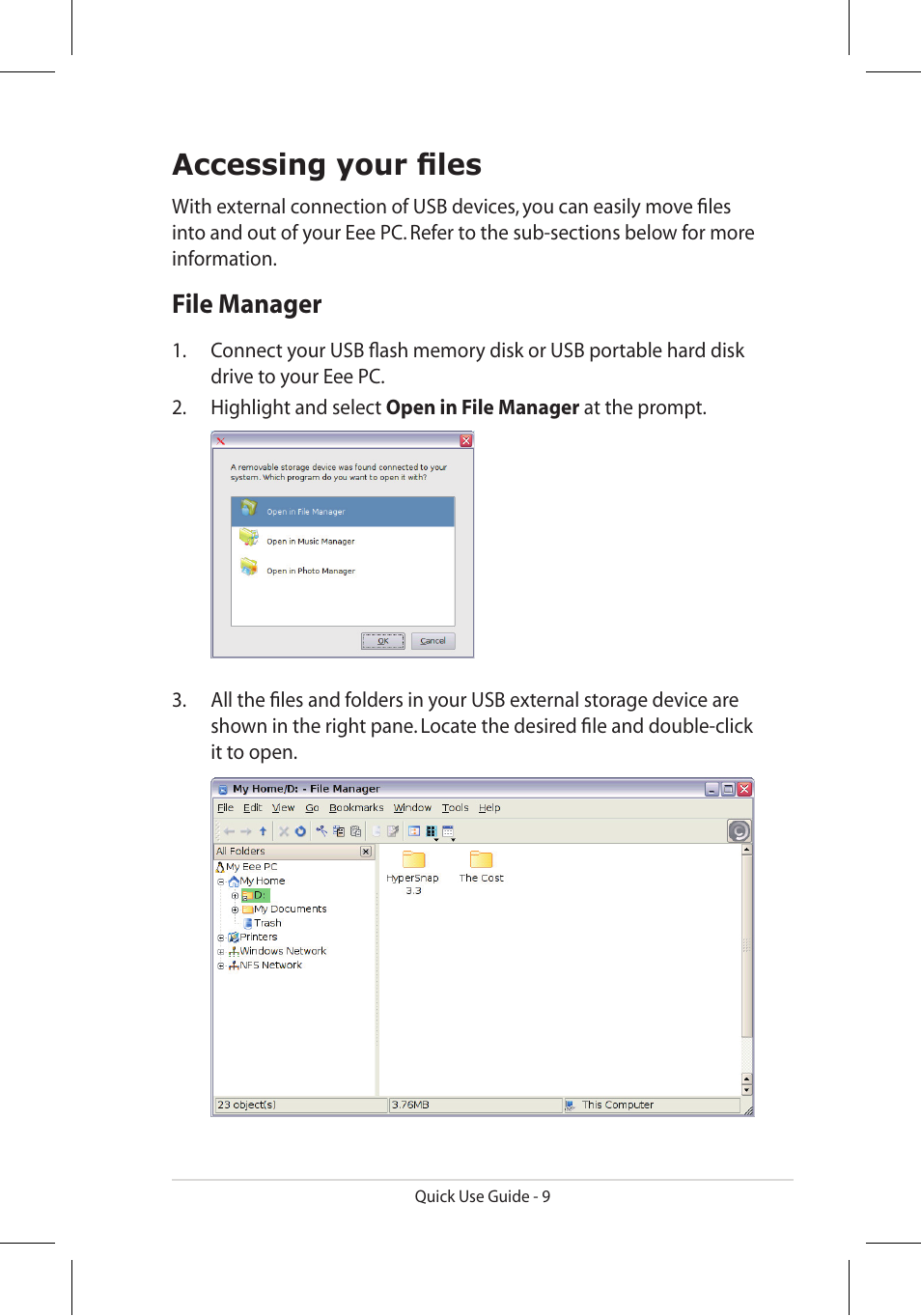 Accessing your files, File manager | Asus Eee PC 900/XP User Manual | Page 9 / 14