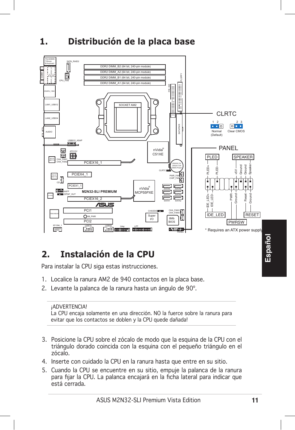 Español, Asus m2n32-sli premium vista edition, Panel | Clrtc | Asus M2N32-SLI Premium VISTA Edition User Manual | Page 11 / 38