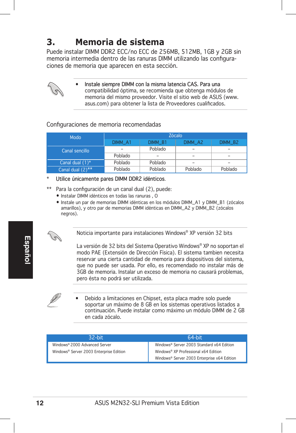 Español | Asus M2N32-SLI Premium VISTA Edition User Manual | Page 12 / 38