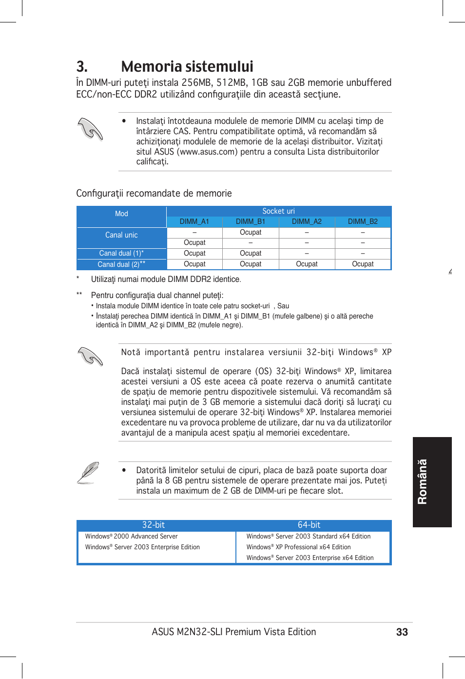 Română, Asus m2n32-sli premium vista edition | Asus M2N32-SLI Premium VISTA Edition User Manual | Page 33 / 38