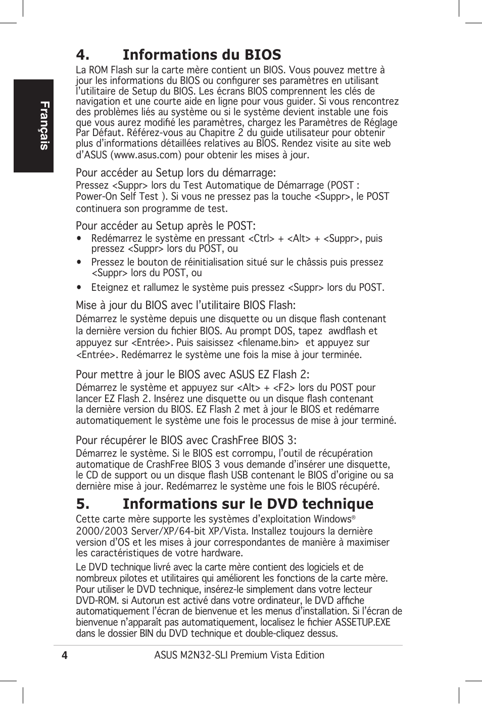 Informations du bios, Informations sur le dvd technique | Asus M2N32-SLI Premium VISTA Edition User Manual | Page 4 / 38