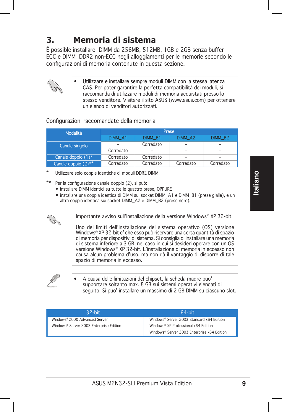 Italiano | Asus M2N32-SLI Premium VISTA Edition User Manual | Page 9 / 38