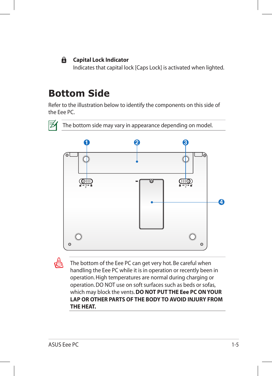 Bottom side, Bottom side -5 | Asus Eee PC 1005PR User Manual | Page 13 / 62