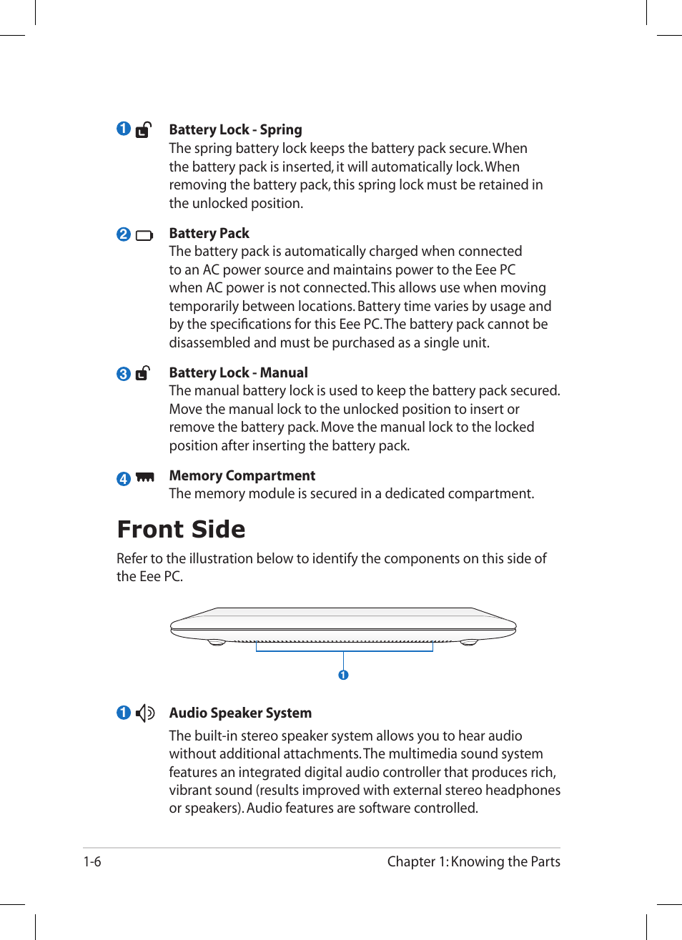 Front side, Front side -6 | Asus Eee PC 1005PR User Manual | Page 14 / 62