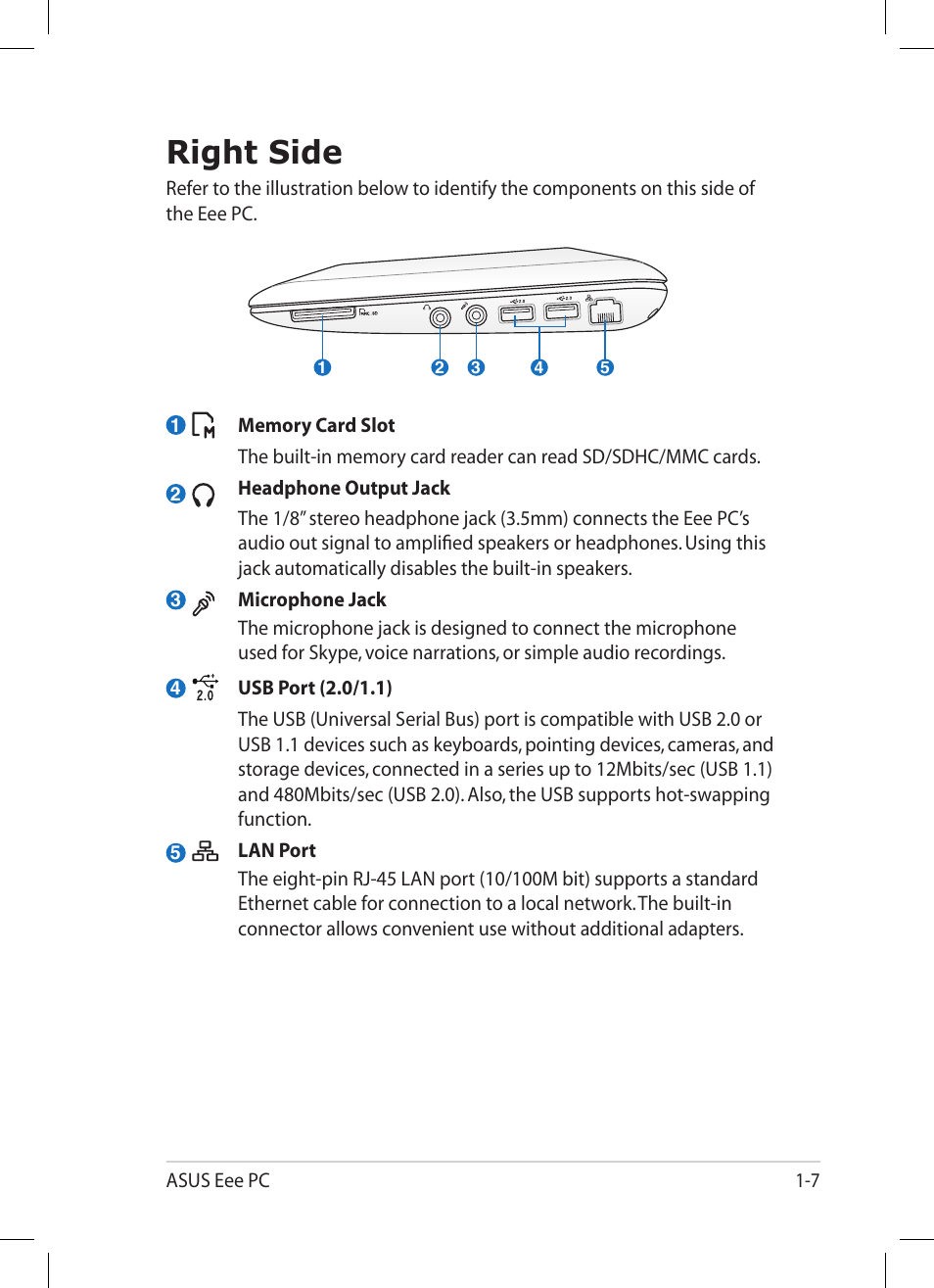 Right side, Right side -7 | Asus Eee PC 1005PR User Manual | Page 15 / 62