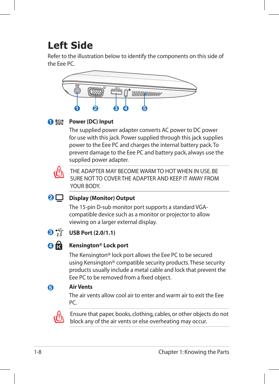 Left side, Left side -8 | Asus Eee PC 1005PR User Manual | Page 16 / 62