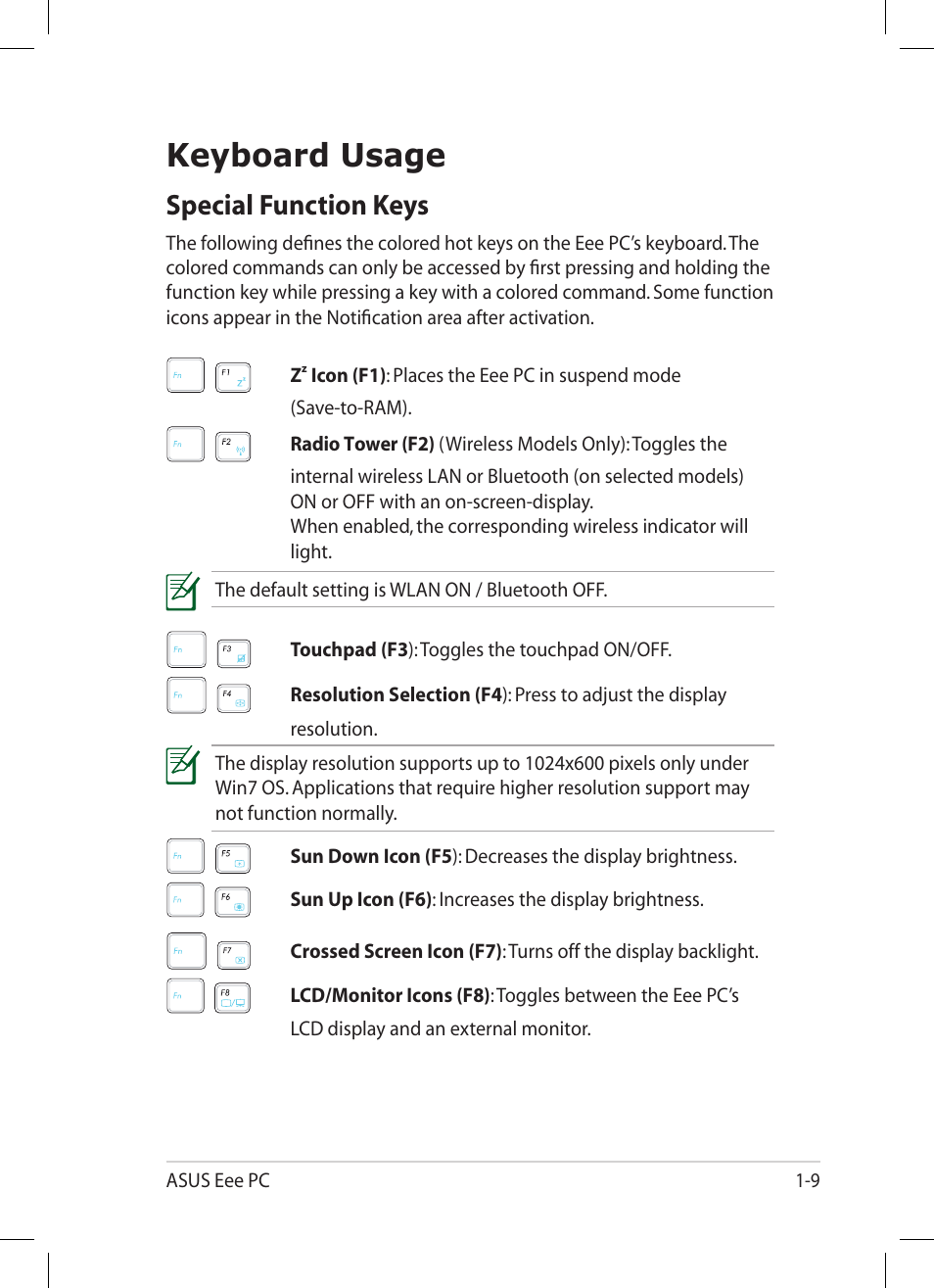 Keyboard usage, Special function keys, Keyboard usage -9 | Special function keys -9 | Asus Eee PC 1005PR User Manual | Page 17 / 62