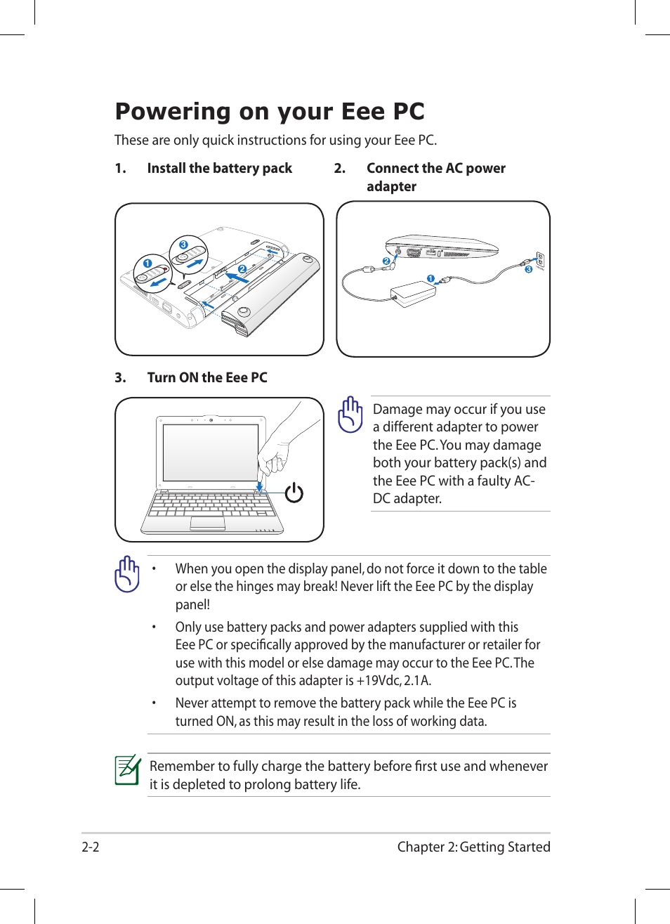 Powering on your eee pc, Powering on your eee pc -2 | Asus Eee PC 1005PR User Manual | Page 22 / 62