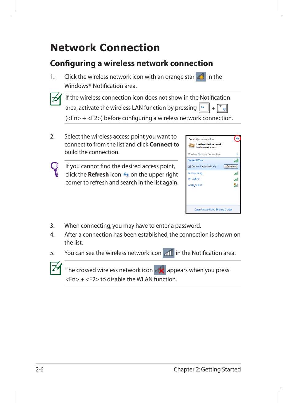 Network connection, Configuring a wireless network connection, Network connection -6 | Configuring a wireless network connection -6 | Asus Eee PC 1005PR User Manual | Page 26 / 62