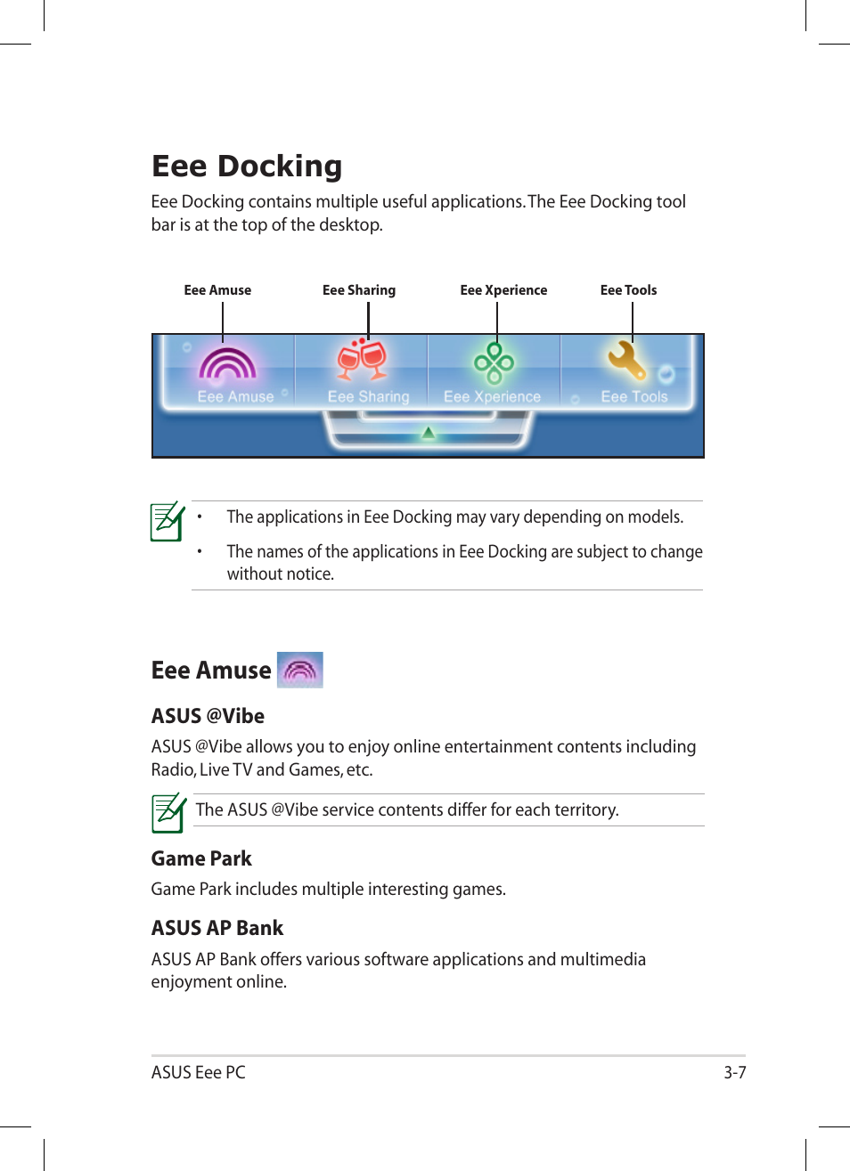 Eee docking, Eee amuse, Eee docking -7 | Eee amuse -7 | Asus Eee PC 1005PR User Manual | Page 37 / 62