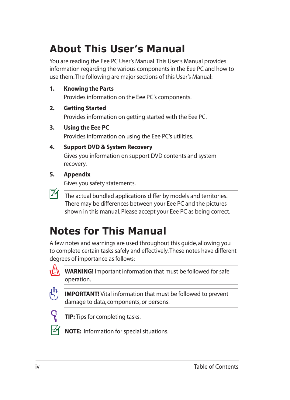 About this user’s manual, Notes for this manual | Asus Eee PC 1005PR User Manual | Page 4 / 62