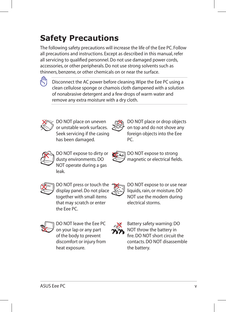 Safety precautions | Asus Eee PC 1005PR User Manual | Page 5 / 62