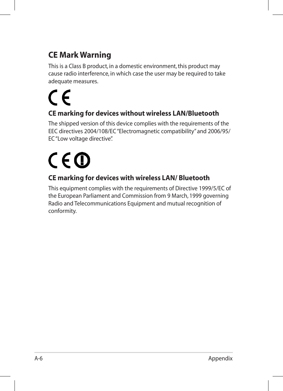 Ce mark warning | Asus Eee PC 1005PR User Manual | Page 54 / 62