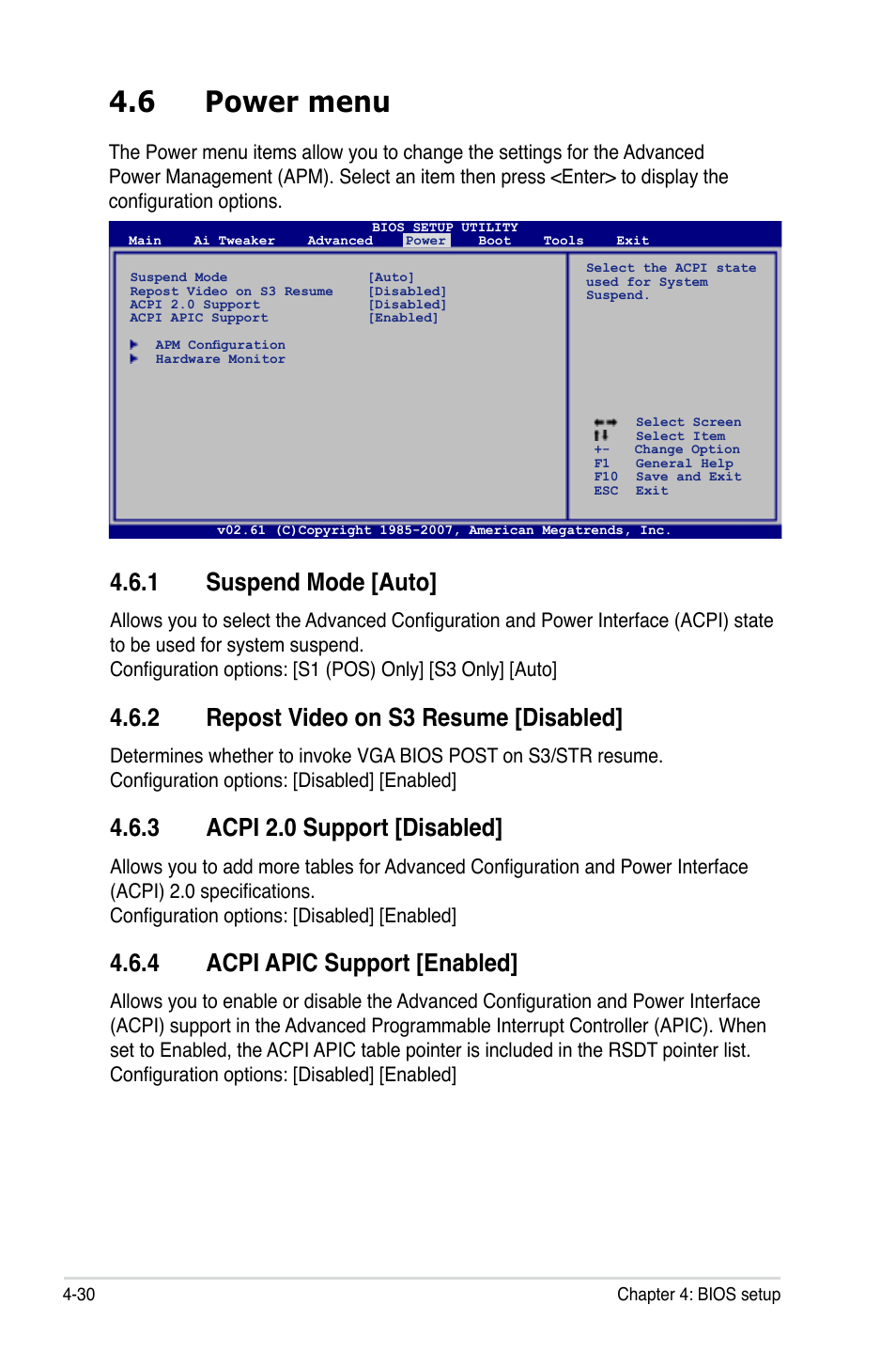 6 power menu, 1 suspend mode [auto, 2 repost video on s3 resume [disabled | 3 acpi 2.0 support [disabled, 4 acpi apic support [enabled | Asus P5E64 WS Professional User Manual | Page 100 / 180