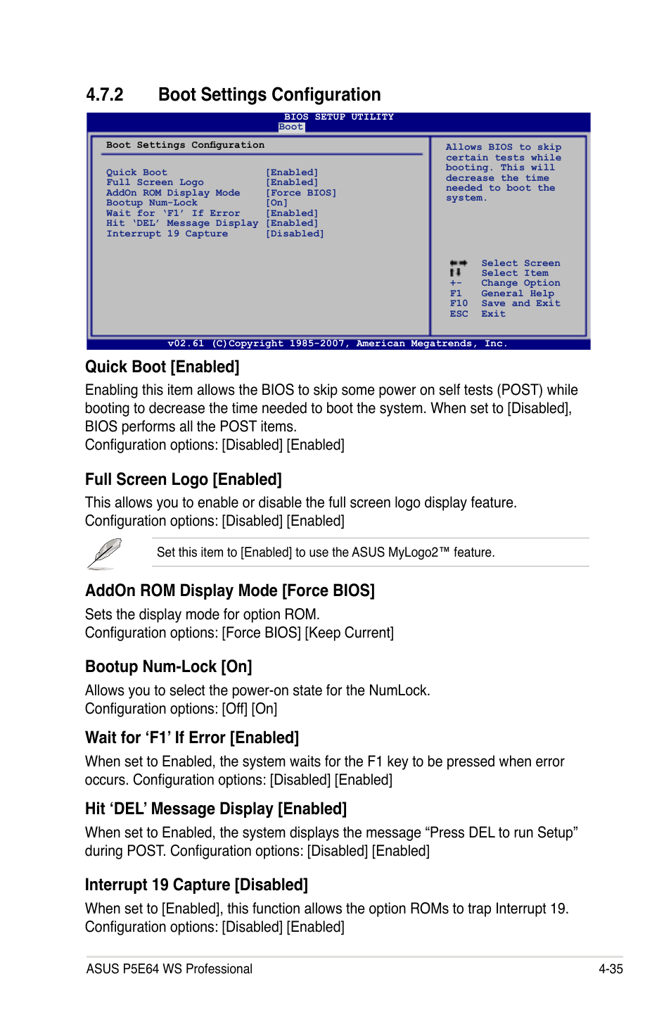 2 boot settings configuration, Quick boot [enabled, Full screen logo [enabled | Addon rom display mode [force bios, Bootup num-lock [on, Wait for ‘f1’ if error [enabled, Hit ‘del’ message display [enabled, Interrupt 19 capture [disabled | Asus P5E64 WS Professional User Manual | Page 105 / 180