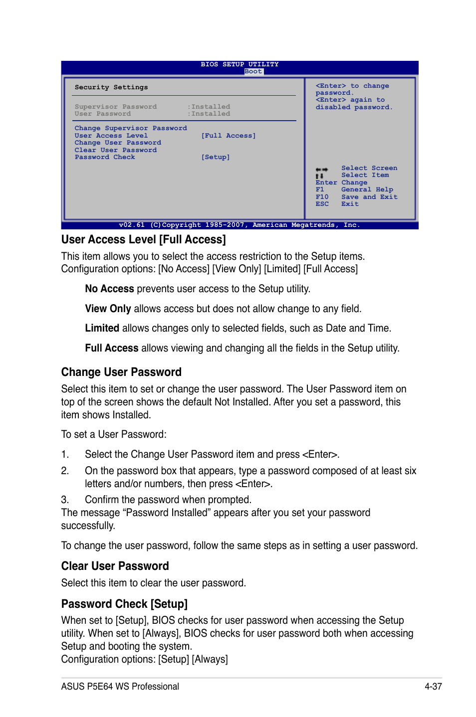 User access level [full access, Change user password, Clear user password | Password check [setup, Select this item to clear the user password | Asus P5E64 WS Professional User Manual | Page 107 / 180