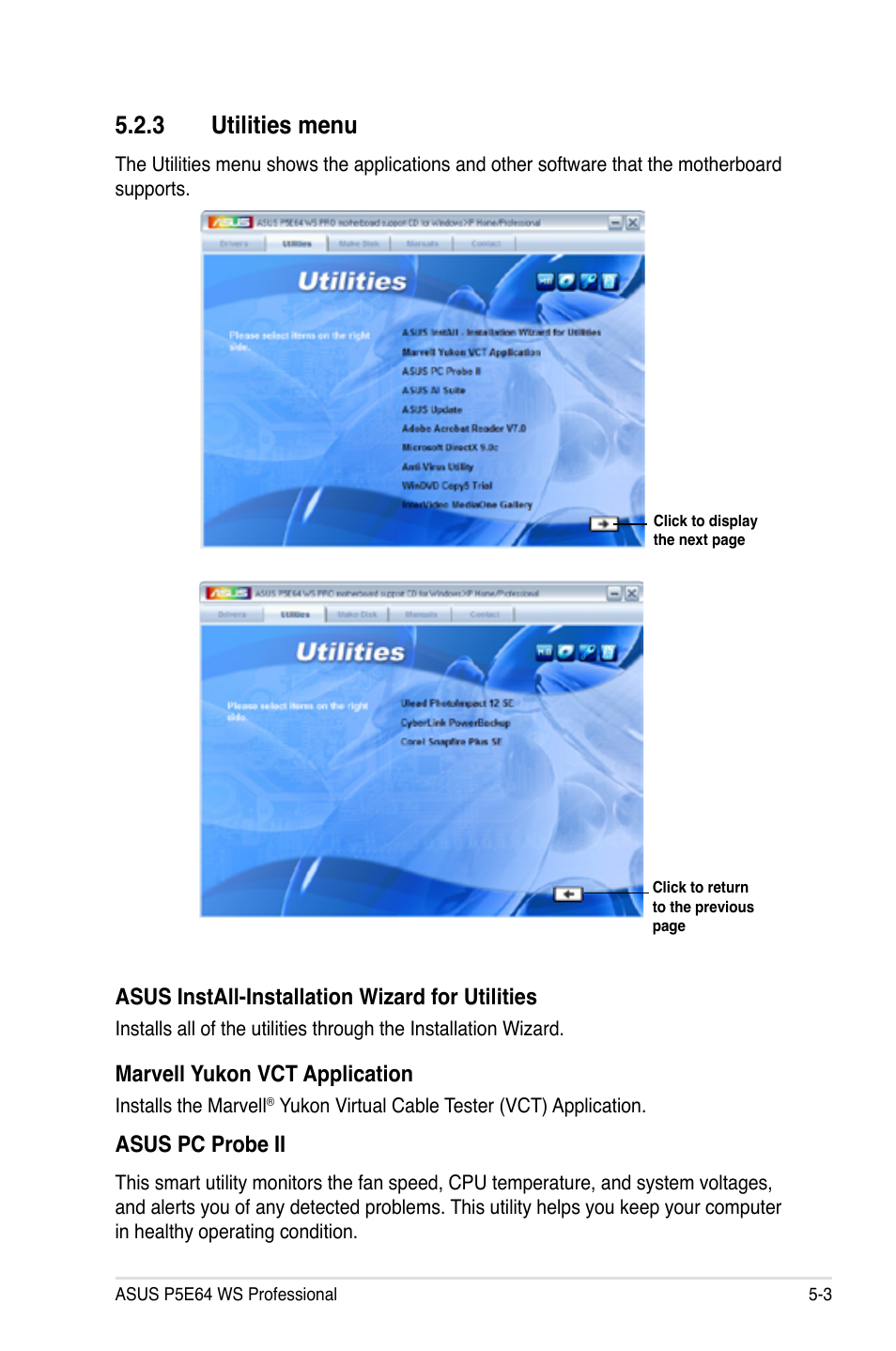 3 utilities menu, Asus install-installation wizard for utilities, Marvell yukon vct application | Asus pc probe ii | Asus P5E64 WS Professional User Manual | Page 117 / 180