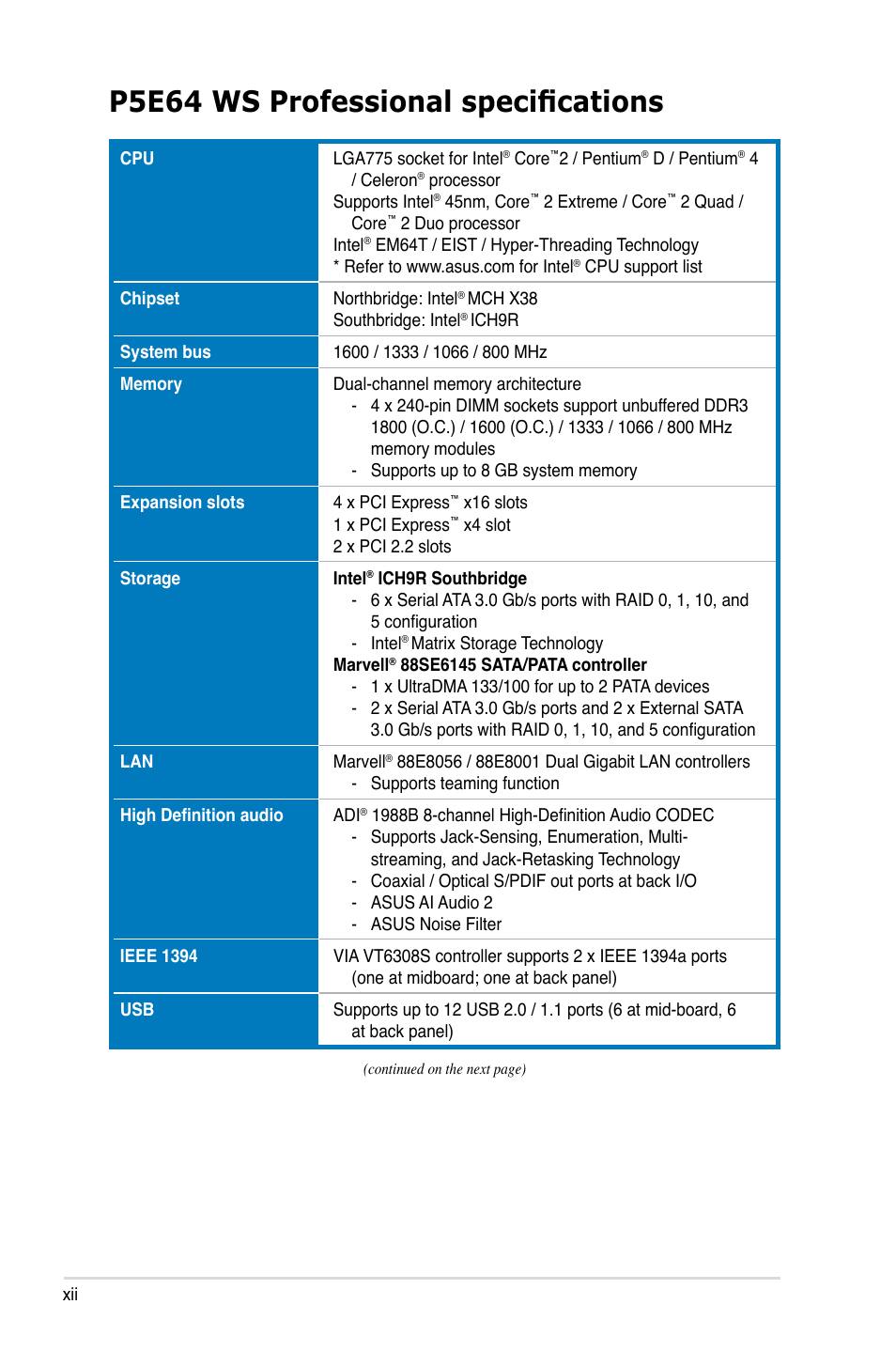 P5e64 ws professional specifications | Asus P5E64 WS Professional User Manual | Page 12 / 180