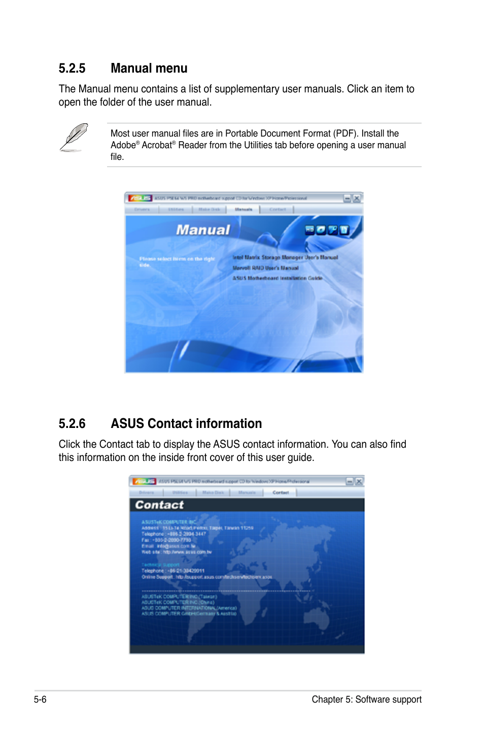 5 manual menu, 6 asus contact information | Asus P5E64 WS Professional User Manual | Page 120 / 180