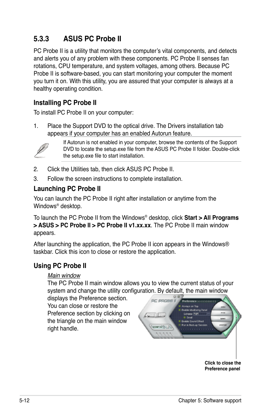 3 asus pc probe ii, Installing pc probe ii, Launching pc probe ii | Using pc probe ii | Asus P5E64 WS Professional User Manual | Page 126 / 180