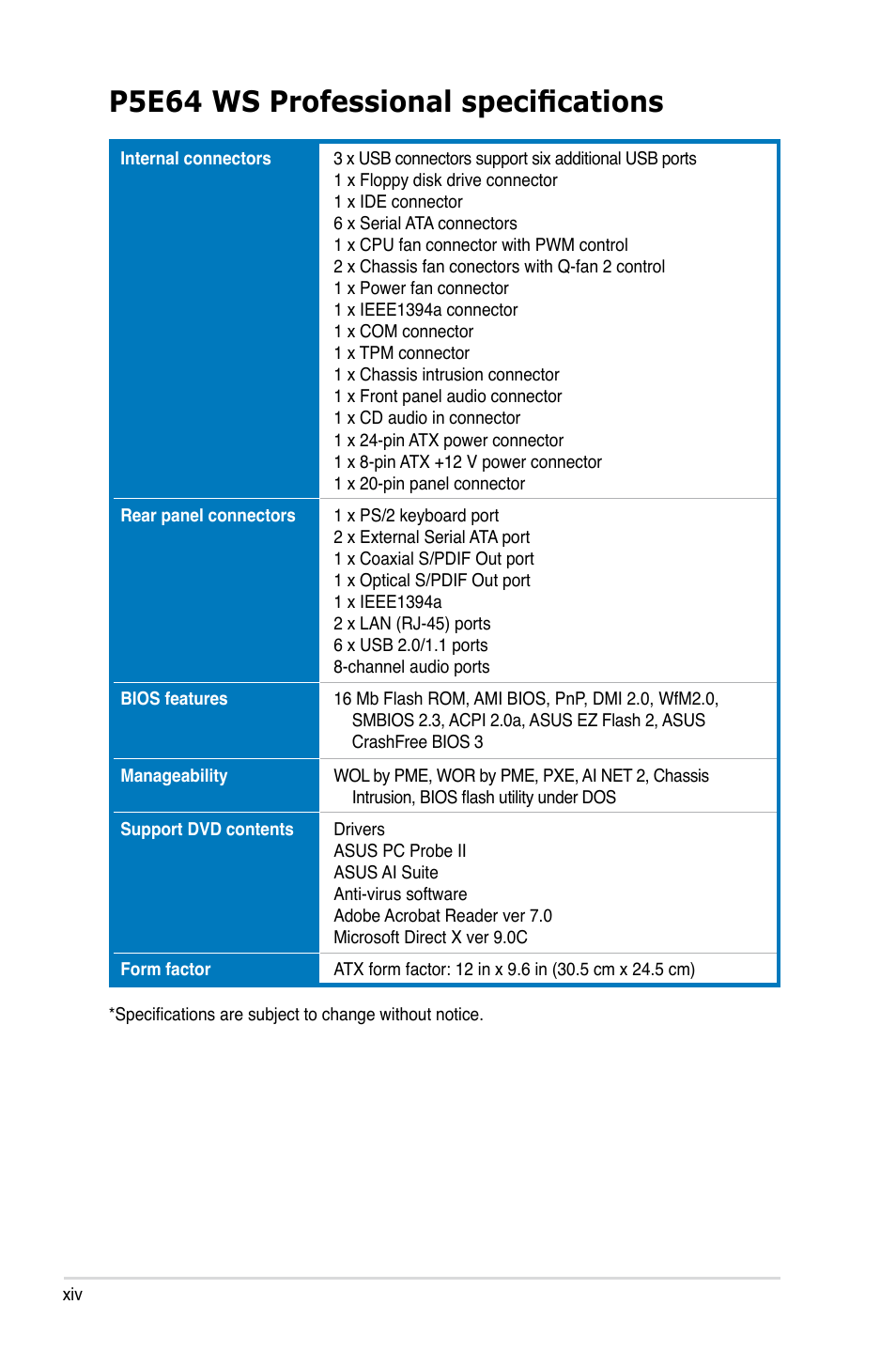 P5e64 ws professional specifications | Asus P5E64 WS Professional User Manual | Page 14 / 180