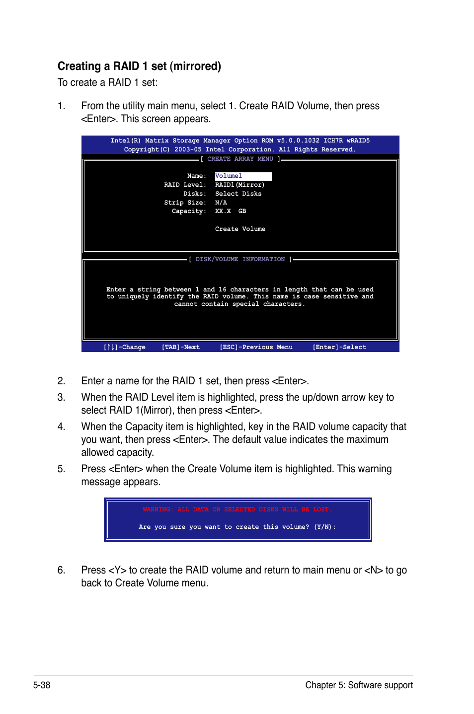 Creating a raid 1 set (mirrored) | Asus P5E64 WS Professional User Manual | Page 152 / 180