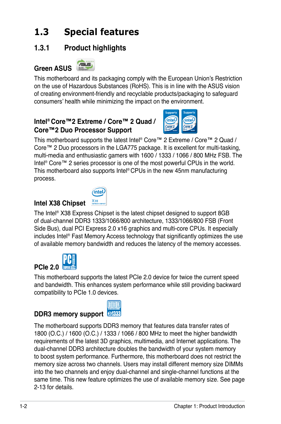 3 special features, 1 product highlights | Asus P5E64 WS Professional User Manual | Page 18 / 180