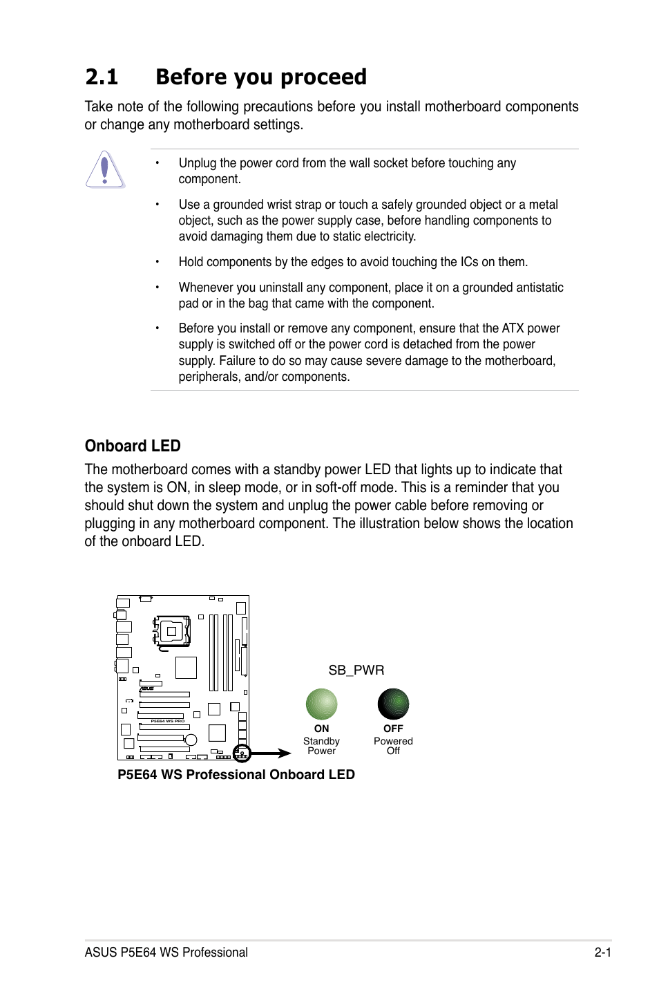 1 before you proceed, Onboard led | Asus P5E64 WS Professional User Manual | Page 27 / 180
